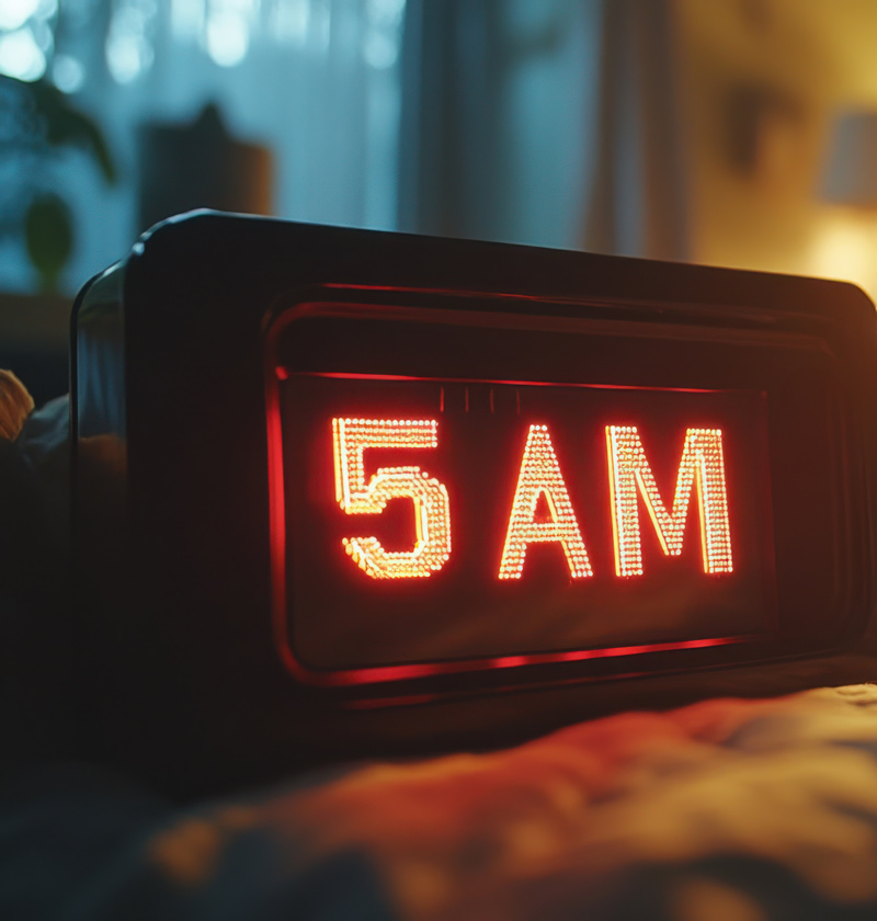 Digital dementia clock displaying 5 AM in a softly lit bedroom – dementia clocks help elderly parents with memory loss or confusion clearly identify the time of day, supporting routine and reducing anxiety.