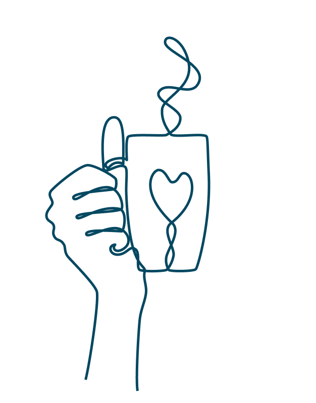 Line drawing of a cup of tea with a heart on it