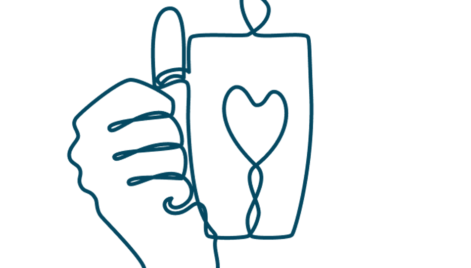 Line drawing of a cup of tea with a heart on it
