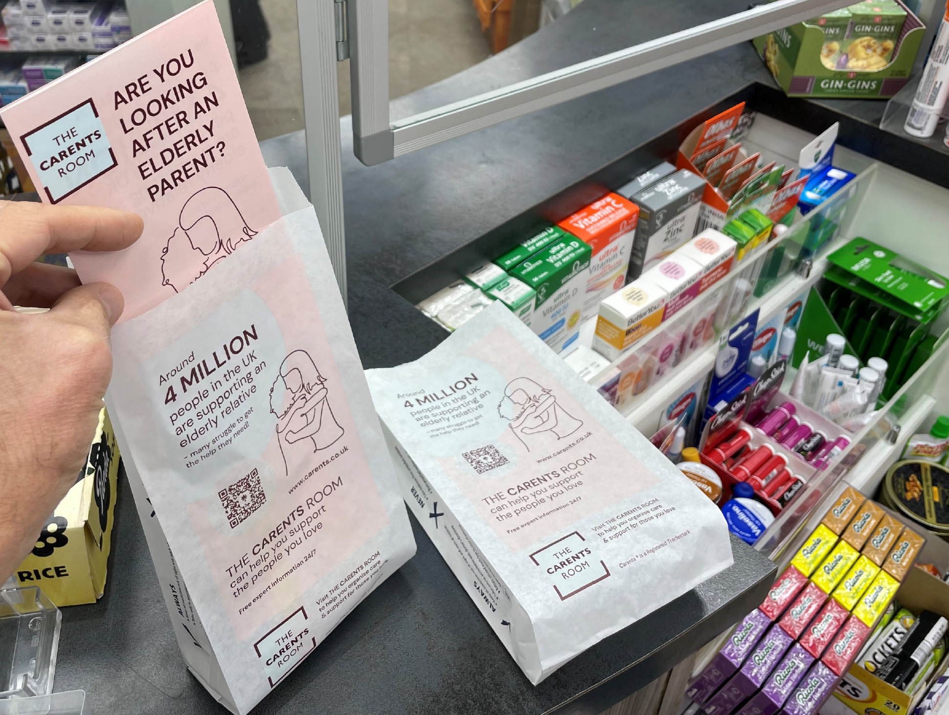 Carents pharmacy bags on a pharmacy counter 