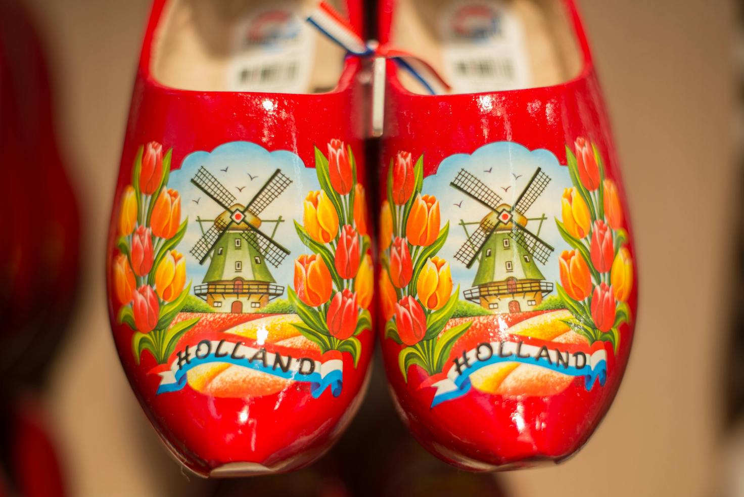 A pair of clogs with a windmill on.