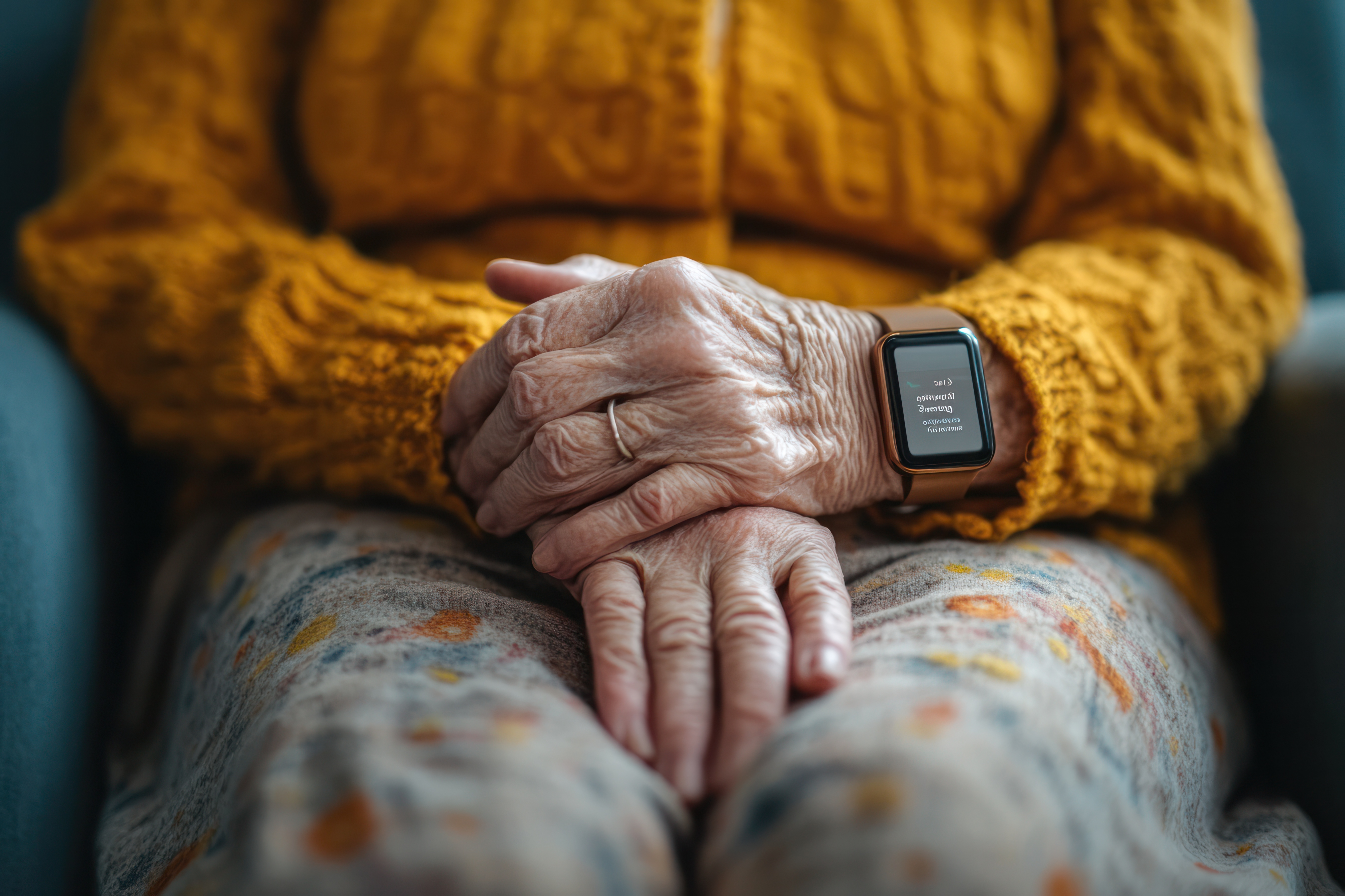 Elderly person wearing a smart fall alarm watch while seated, hands resting on lap. A discreet wearable device for fall detection and emergency alerts – ideal for carers supporting independent living at home.