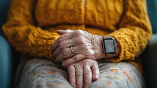 Elderly person wearing a smart fall alarm watch while seated, hands resting on lap. A discreet wearable device for fall detection and emergency alerts – ideal for carers supporting independent living at home.