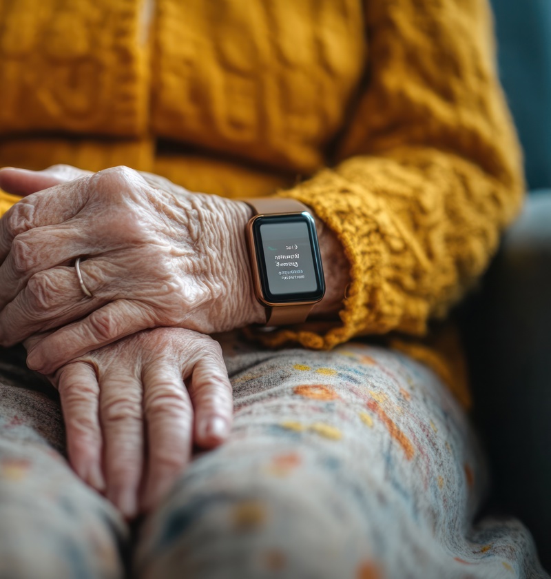 Elderly person wearing a smart fall alarm watch while seated, hands resting on lap. A discreet wearable device for fall detection and emergency alerts – ideal for carers supporting independent living at home.