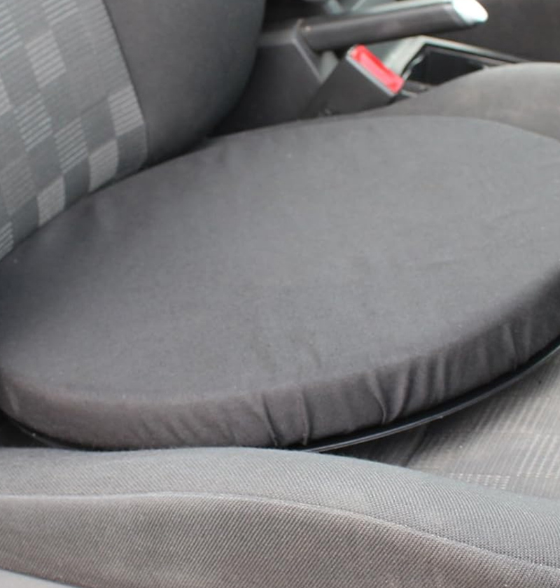Rotating car seat cushion placed on a standard car seat – helps elderly parents turn more easily when getting in and out of the car, reducing strain on hips, back, and knees.