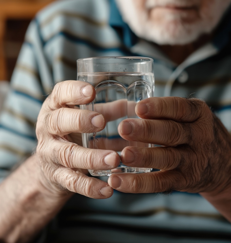 Older adult holding a glass with both hands – highlighting the importance of non-spill cups for elderly parents with limited grip strength, arthritis, or hand tremors to reduce spills and support safe hydration.